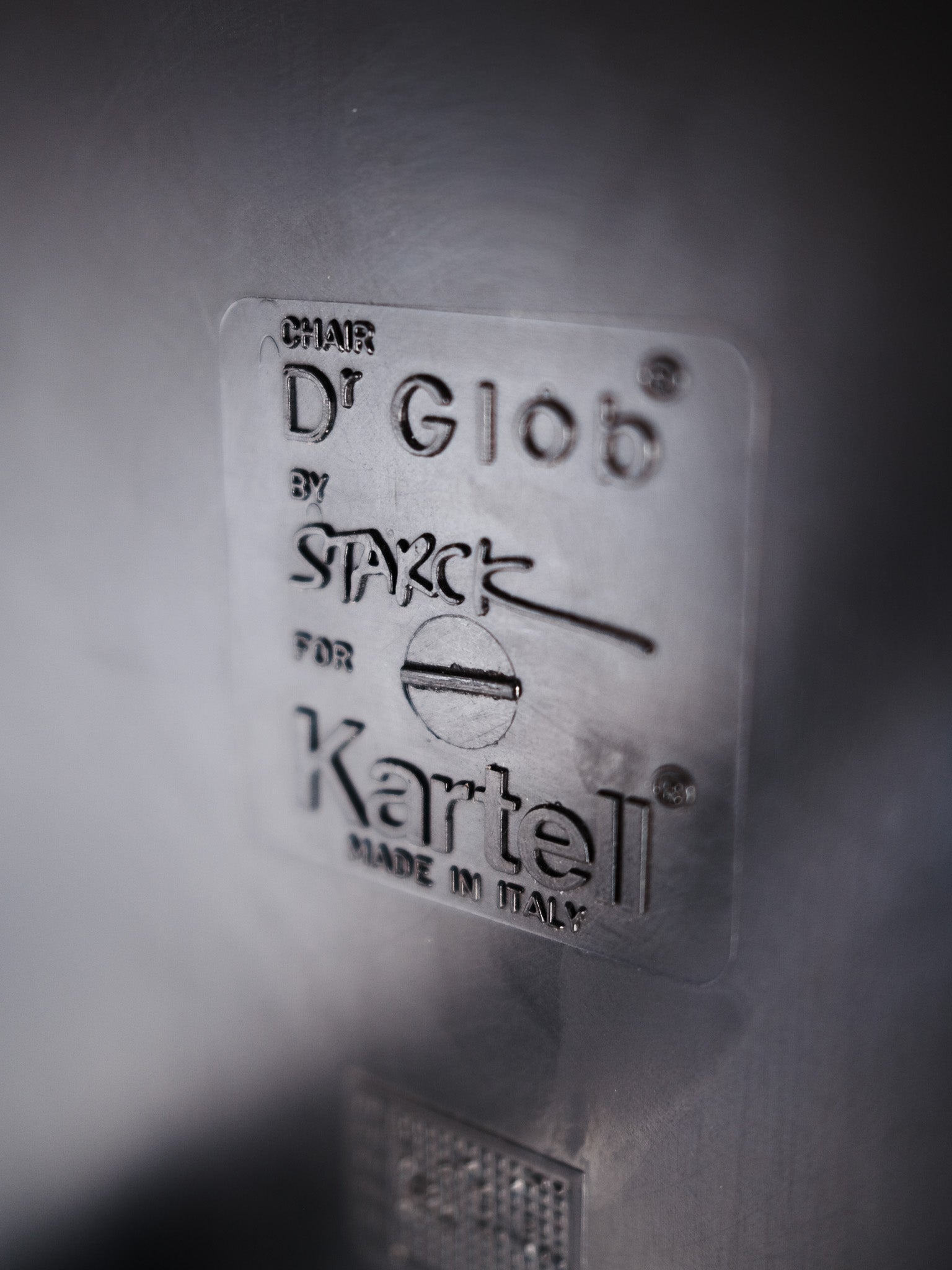 Dr. Glob Chair by Starck for Kartell, Made in Italy, stamped logo detail