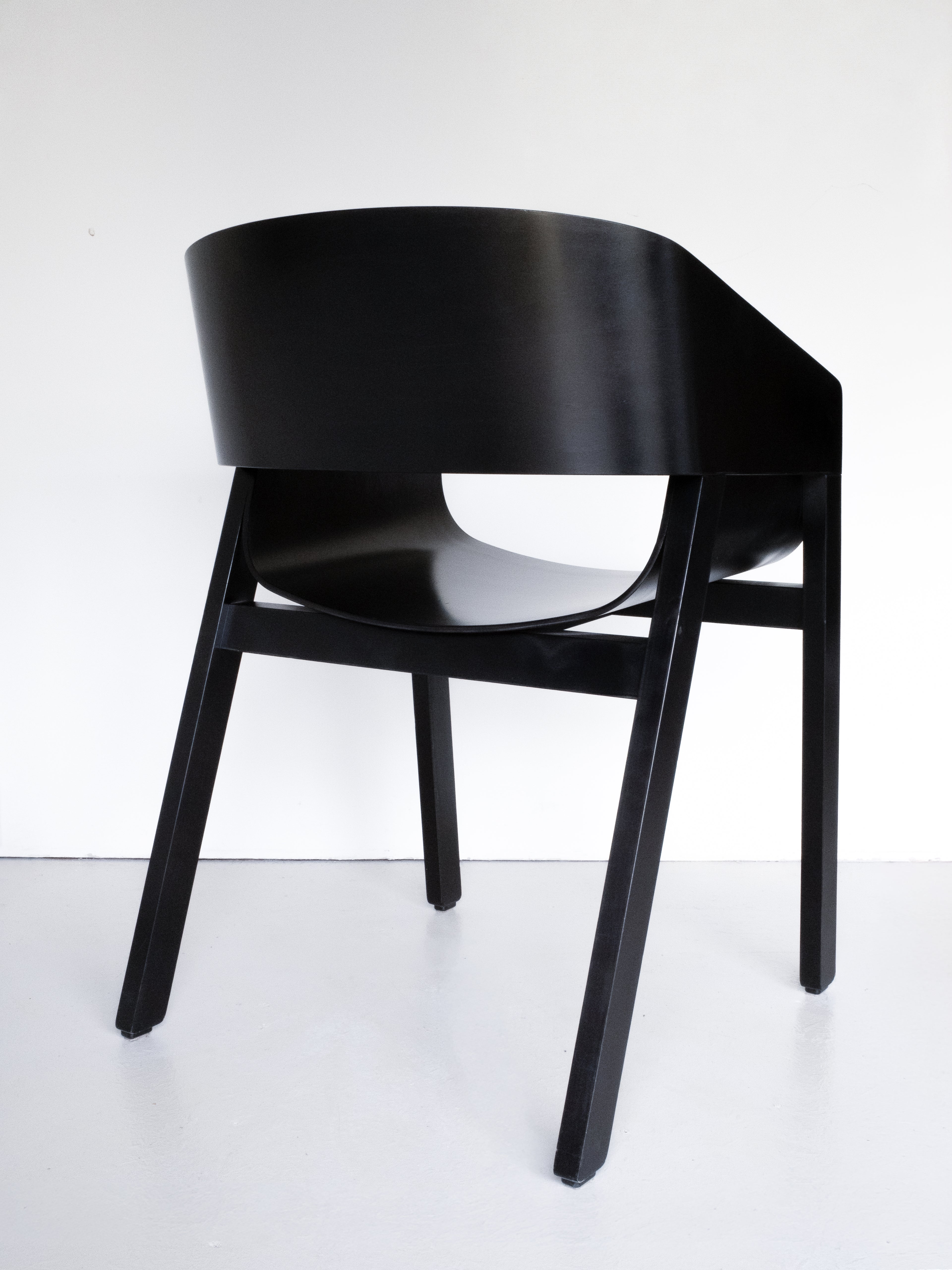 Ton Merano Armchair by Alexander Gufler, black stained beech, back view, curved backrest and angled legs