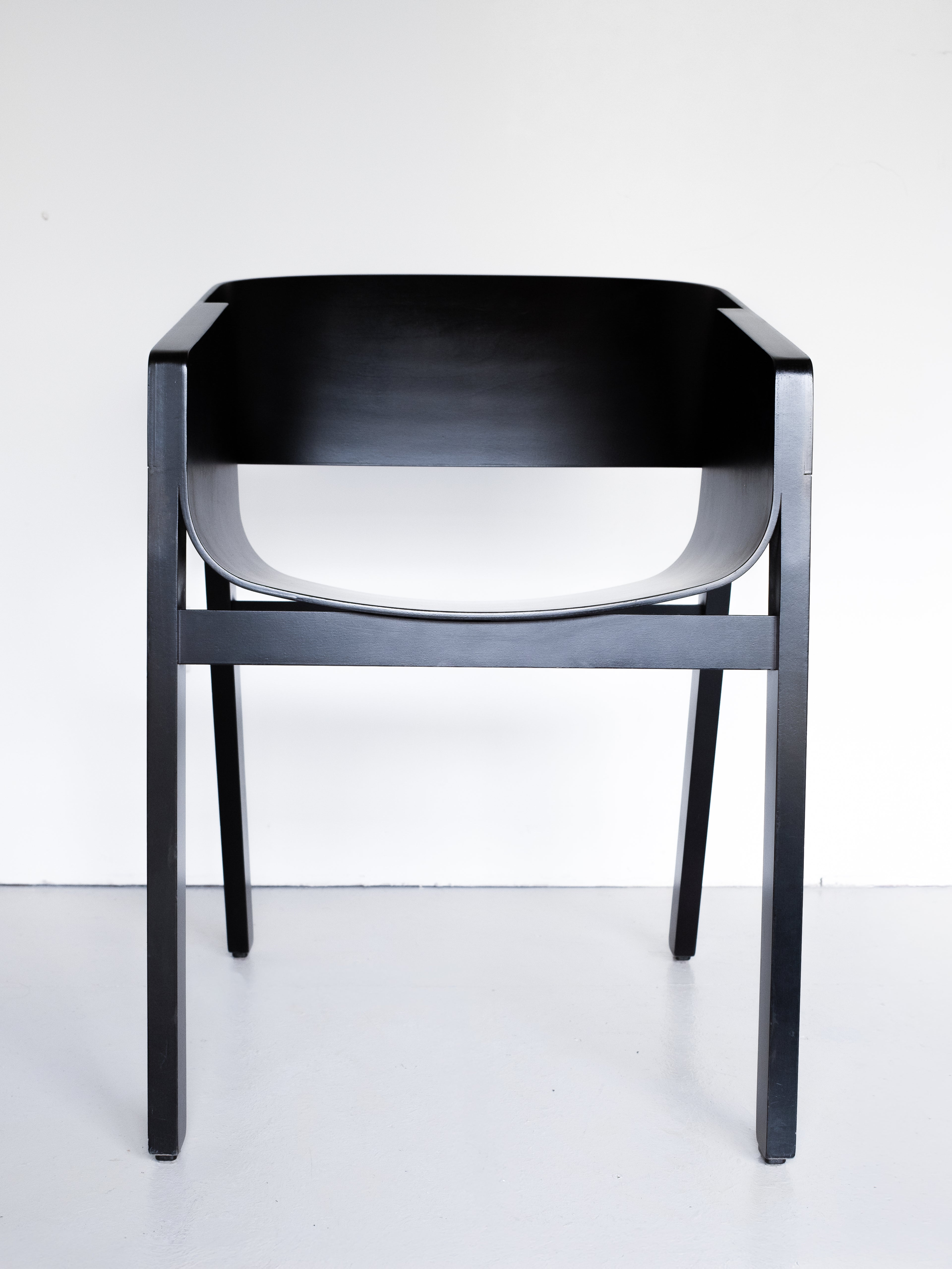 Ton Merano Armchair by Alexander Gufler, black stained beech, front view, sleek design, minimalist style, sustainable vintage furniture