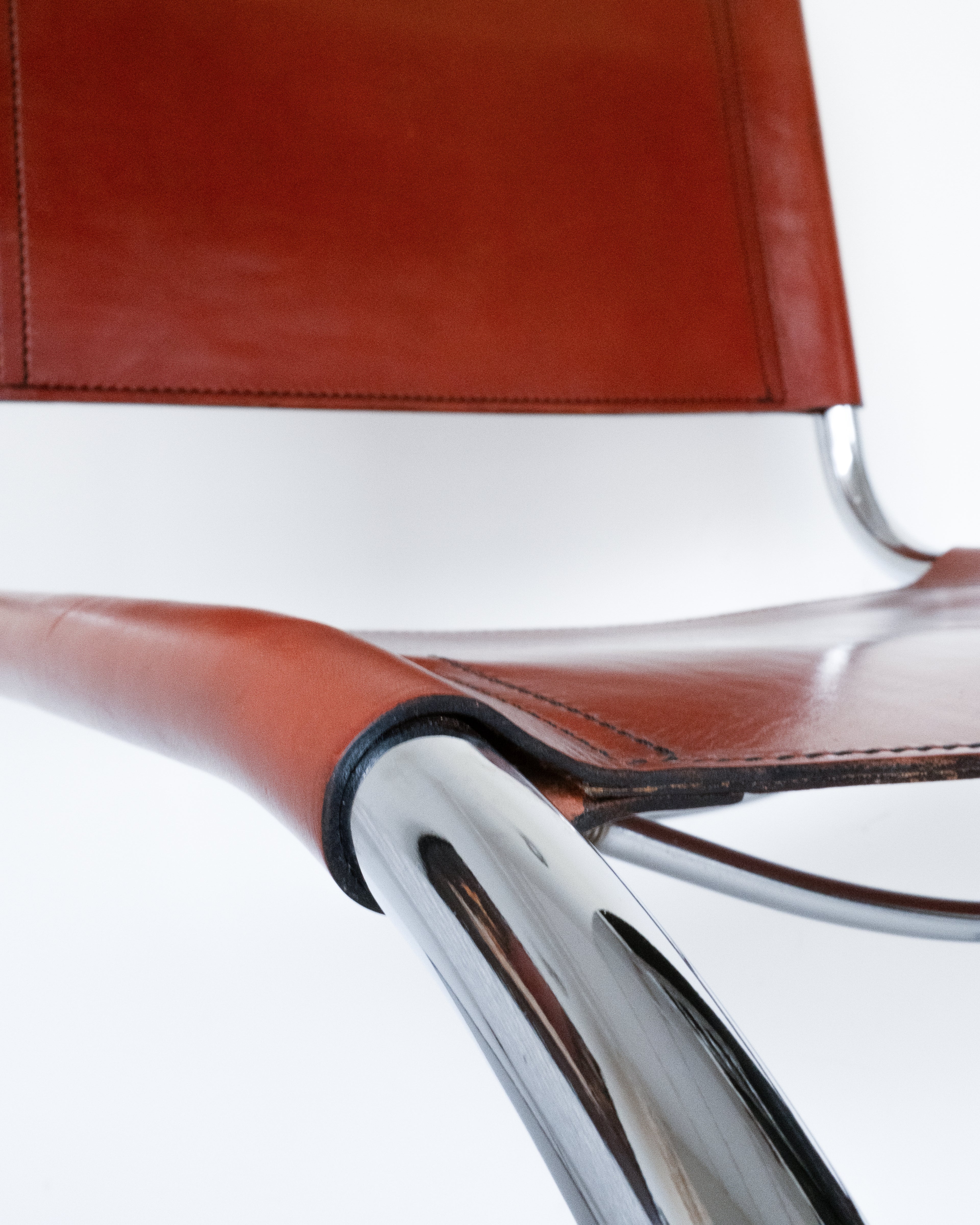 MR10 cantilever chair by Mies van der Rohe for Fasem, chrome tubular frame,  leather seat close-up detail
