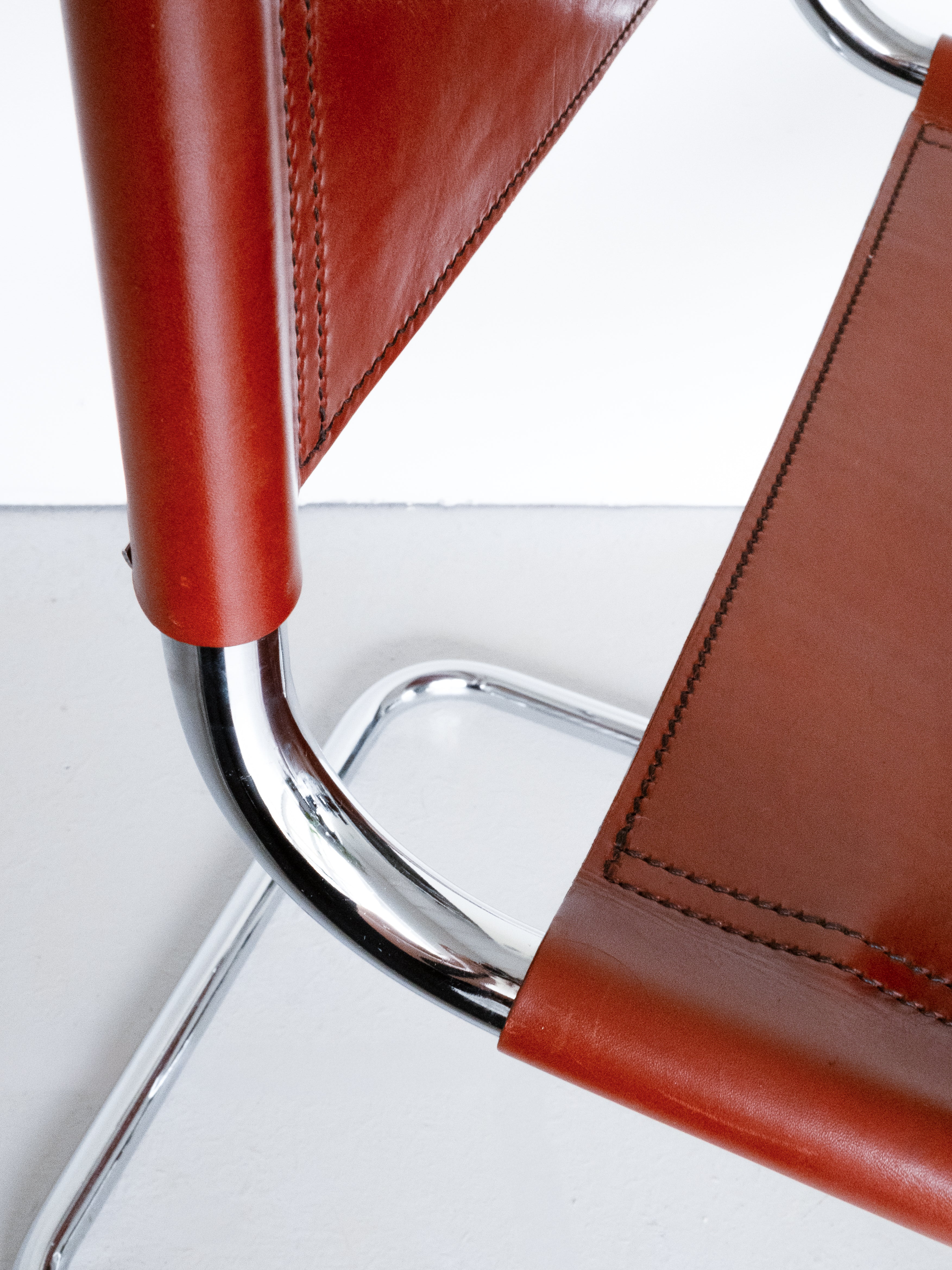 MR10 cantilever chair by Mies van der Rohe for Fasem, chrome tubular frame, chair leather seat detail, vintage condition
